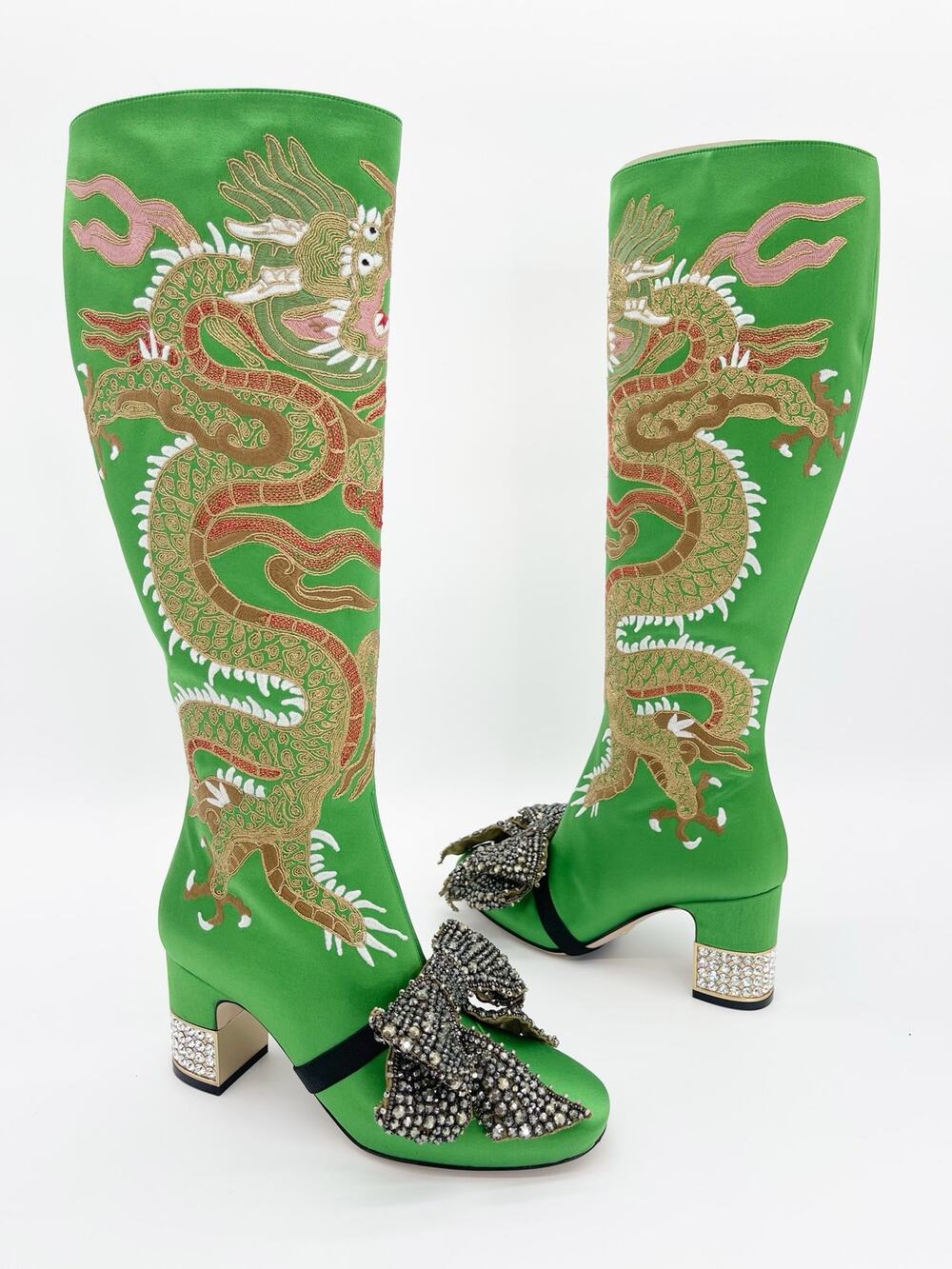 Gucci Green Satin Candy Dragon Embroidered Crystal Bow Block Heel Boots EU 37